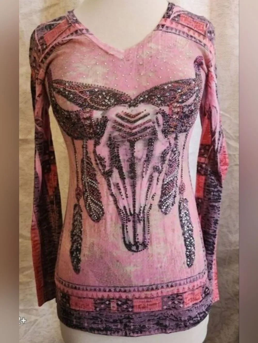 R. Rouge Embellished Pink Western Skull and Feathers Graphic Top